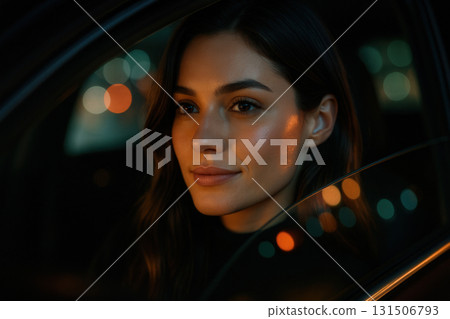 Elegant Woman in Car at Night with City Light 131506793