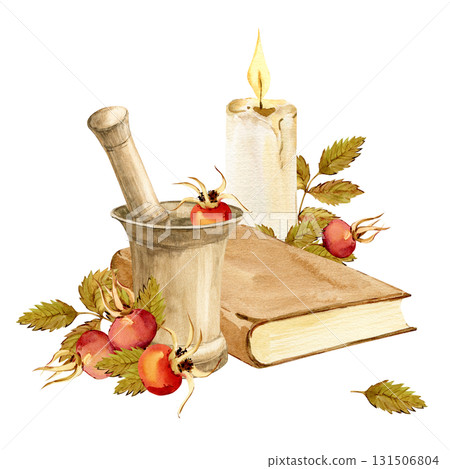 Antique bronze mortar and pestle for grinding medicinal herbs. Recipe book and candle. Watercolor clip art. Concept of homeopathy, alternative medicine, and herbal treatment. Rosehip tea. Autumn. 131506804