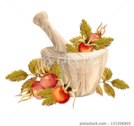 An antique wooden mortar and pestle for grinding medicinal herbs. Autumn rose hips. An ingredient for medicinal tea. Watercolor clip art for herbal tea packaging with wild roses. Retro style. An antique wooden mortar and pestle for grinding medicinal herbs. Autumn rose hips. An ingredient for medicinal tea. Watercolor clip art for herbal tea packaging with wild roses. Retro style. 131506805