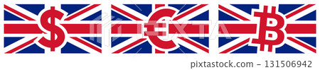 Union Jack UK flag with dollar, euro, and bitcoin sign in middle. British trade to Europe, United States and cryptocurrency trading concept Union Jack UK flag with dollar, euro, and bitcoin sign in middle. British trade to Europe, United States and cryptocurrency trading concept 131506942