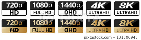 Black, white and golden video or screen resolution icons. Set from 720p to 8k 131506943