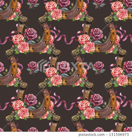 Floral seamless pattern with horse shoes and pretty roses. Vintage style romantic repeat background Floral seamless pattern with horse shoes and pretty roses. Vintage style romantic repeat background 131506973