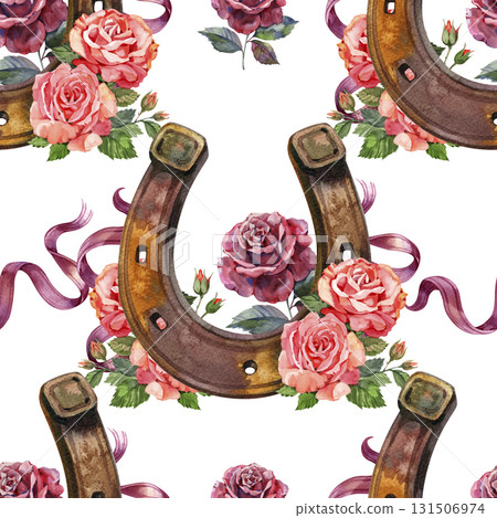 Floral seamless pattern with horse shoes and pretty roses. Vintage style romantic repeat background 131506974