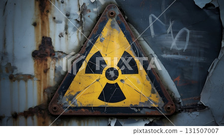 Weathered Radiation Warning Sign on Deteriorating Metal Surface 131507007