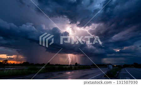 Lightning Storm Over Highway: Dramatic Thunderhead Illuminates Night Sky 131507030