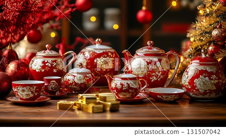 Traditional Red Tea Set with Gold Detailing for Christmas 131507042