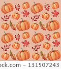 Watercolor seamless pattern of orange pumpkins, autumn leaves, and red berries on a beige and pink background. Suitable for textile design, gift wrapping paper, cards, invitations, and food packaging. 131507243