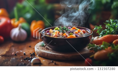 Hot and Hearty Vegetable Soup with Fresh Herbs and Spices 131507280