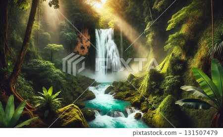 Enchanting tropical waterfall in misty jungle 131507479