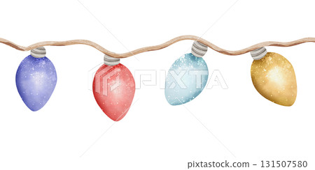 Seamless watercolor border with multicolored lights on string. Festive garland, decorative illumination. Blue, red, yellow, and green lights on white background 131507580