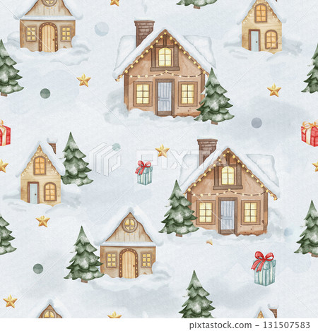 Seamless watercolor Christmas pattern with cozy snow-covered houses, decorated fir trees, golden stars, and holiday gifts on a snowy background Seamless watercolor Christmas pattern with cozy snow-covered houses, decorated fir trees, golden stars, and holiday gifts on a snowy background 131507583