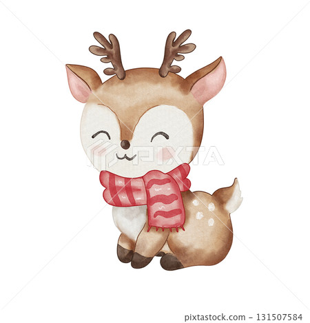 Watercolor illustration of a cute Christmas reindeer wearing a red scarf. Sitting. Santa Claus's helper. Winter theme Watercolor illustration of a cute Christmas reindeer wearing a red scarf. Sitting. Santa Claus's helper. Winter theme 131507584