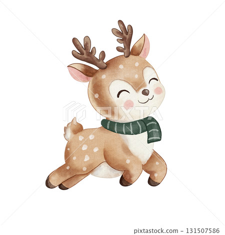Cute deer with pink cheeks and green scarf is smiling. Watercolor illustration of an animal. Hand-drawn, isolated on a white background. For New Year, Christmas, or design 131507586