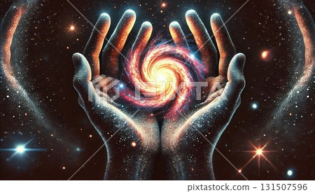 Severed hand forming a cosmic portal in the darkness 131507596