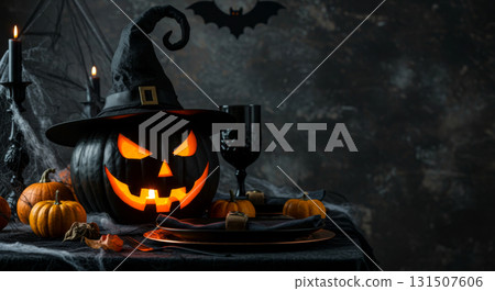 Dark and spooky Halloween table setting with a glowing black jack-o'-lantern in a witch hat and cobwebs. 131507606