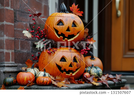 Jack-o'-lanterns with fall leaves and berries, creating a festive outdoor Halloween porch and doorway decor. 131507607
