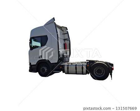 A solo truck stands alone against a white background, showcasing its features such as the cab design and chassis. The absence of a trailer highlights its structure and form. A solo truck stands alone against a white background, showcasing its features such as the cab design and chassis. The absence of a trailer highlights its structure and form. 131507669