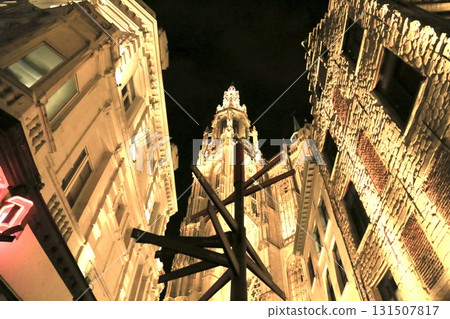 Belgium: Cathedral of Our Lady seen from the streets of Antwerp at night 131507817