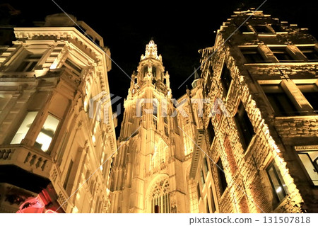 Belgium: Cathedral of Our Lady seen from the streets of Antwerp at night 131507818