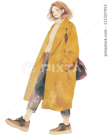 [Female character] A woman in a yellow long coat 131507955