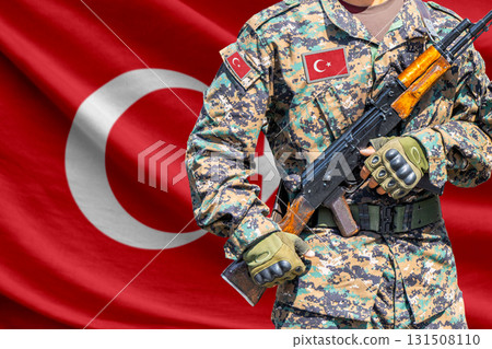 Turkey flag with soldier holding assault rifle Turkey flag with soldier holding assault rifle 131508110