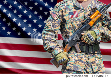 United States of America flag with soldier holding assault rifle United States of America flag with soldier holding assault rifle 131508113