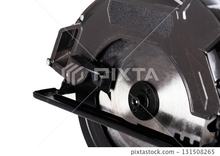 A powerful electric hand-held circular saw isolated on a white background, close-up. Woodworking tool. Copy space for text A powerful electric hand-held circular saw isolated on a white background, close-up. Woodworking tool. Copy space for text 131508265