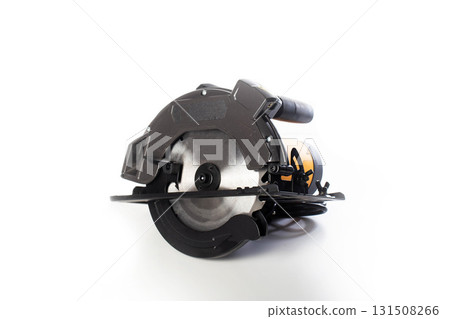 A powerful electric hand-held circular saw isolated on a white background, close-up. Woodworking tool. A powerful electric hand-held circular saw isolated on a white background, close-up. Woodworking tool. 131508266
