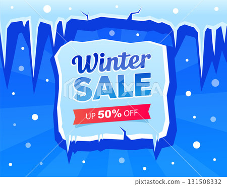 Winter sale banner with lettering frozen ice text with discount percentage, snow background and rays, in a vector illustration 131508332