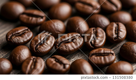 A close-up view of numerous rich, dark roasted coffee beans scattered across a textured wooden surface, highlighting their varied shapes and inviting aroma A close-up view of numerous rich, dark roasted coffee beans scattered across a textured wooden surface, highlighting their varied shapes and inviting aroma 131508380