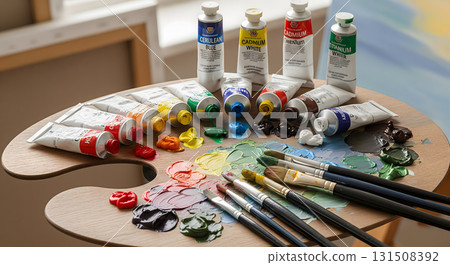 An artist's wooden palette is filled with an assortment of paint tubes, colorful paint blobs, and various brushes An artist's wooden palette is filled with an assortment of paint tubes, colorful paint blobs, and various brushes 131508392