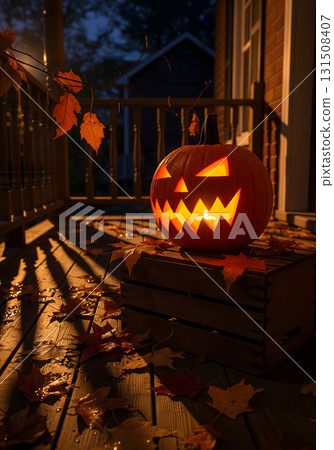 A carved jack-o'-lantern with a lit candle glows on a porch at night, casting shadows and illuminating autumn leaves 131508407