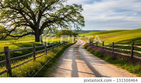 Rustic Country Road Lined with a Wood Fence 131508464