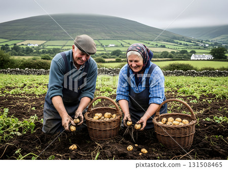 An older couple harvesting potatoes in a field in the Irish countryside An older couple harvesting potatoes in a field in the Irish countryside 131508465