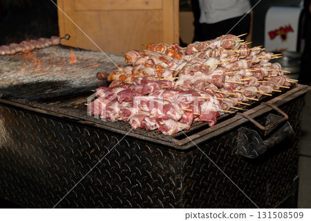 Raw Meat Skewers Ready to grill for a Delicious Feast Outdoors 131508509