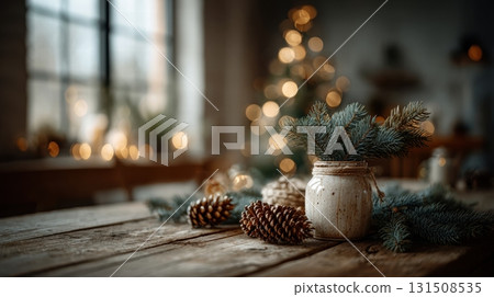 a festive Christmas arrangement on a wooden surface a festive Christmas arrangement on a wooden surface 131508535