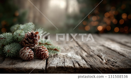 a festive Christmas arrangement on a wooden surface a festive Christmas arrangement on a wooden surface 131508536