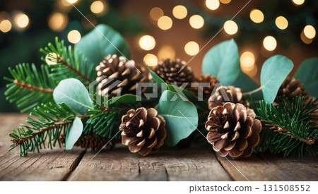 a festive Christmas arrangement on a wooden surface 131508552