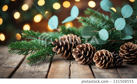 a festive Christmas arrangement on a wooden surface a festive Christmas arrangement on a wooden surface 131508555