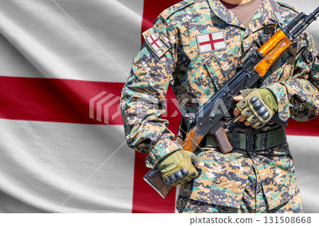 Saint George flag with soldier holding assault rifle Saint George flag with soldier holding assault rifle 131508668