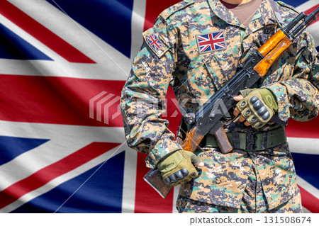 Great Britain flag with soldier holding assault rifle Great Britain flag with soldier holding assault rifle 131508674