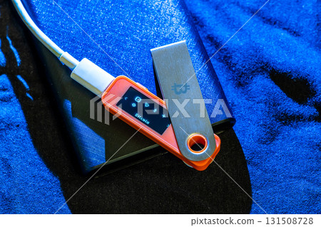 Hardware Bitcoin wallet under blue light Hardware Bitcoin wallet under blue light 131508728