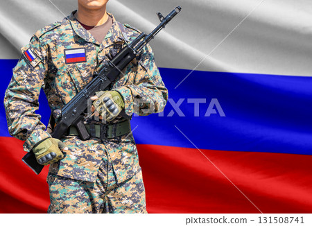 Russia flag with soldier holding assault rifle 131508741