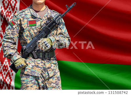 Belarus flag with soldier holding assault rifle Belarus flag with soldier holding assault rifle 131508742