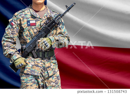 Texas US state flag with soldier holding assault rifle 131508743