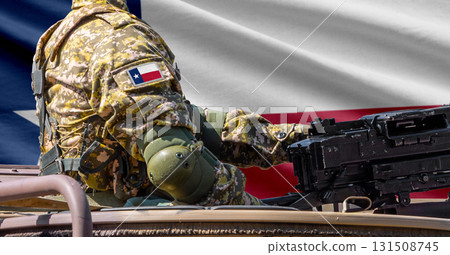 Texas US state flag with soldier at machinegun turret 131508745