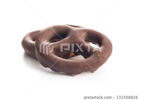 Chocolate covered pretzels isolated on white background. 131508828