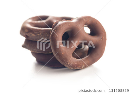 Chocolate covered pretzels isolated on white background. 131508829