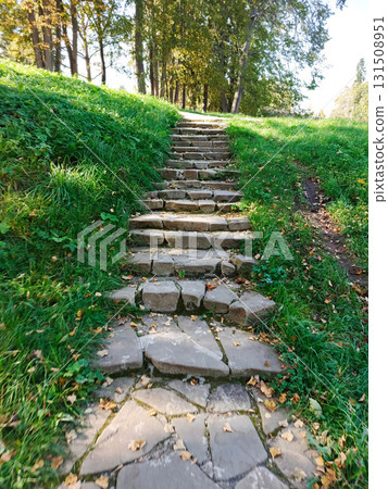 A stone staircase with leaves on the ground. 131508951