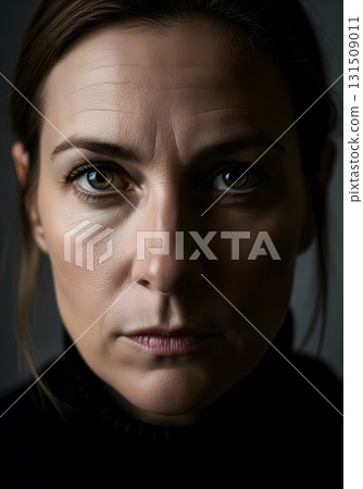 Intense and dramatic portrait of a serious woman 131509011